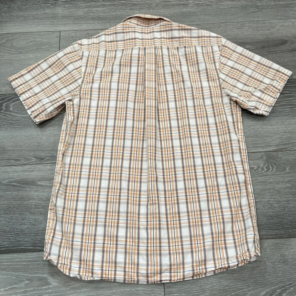 IZOD Short Sleeve Button-Down Shirt‎ Mens Size M Plaid Orange Navy White Logo